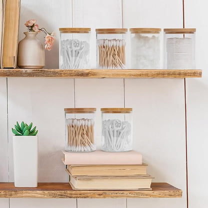 BKYFPQ 6 Pack Glass Qtip Holder Dispenser Set - Apothecary Jars with Lids for Vanity Makeup Organizer - Bathroom Canister Storage Organizer