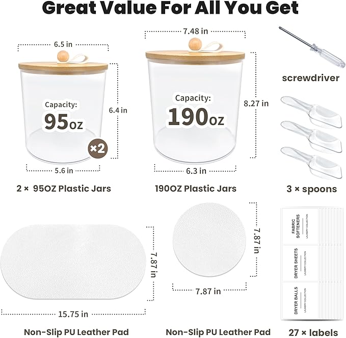 3 Pack Laundry Pods Container,Laundry Room Organization and Storage Jars,Laundry Detergent Container for Powder,Pods,Scent Booster,with Non-Slip PU Leather Pad and Handle,Bamboo Lids,Labels and Scoops