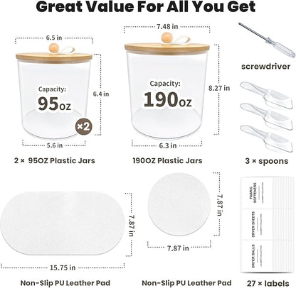 3 Pack Laundry Pods Container,Laundry Room Organization and Storage Jars,Laundry Detergent Container for Powder,Pods,Scent Booster,with Non-Slip PU Leather Pad and Handle,Bamboo Lids,Labels and Scoops