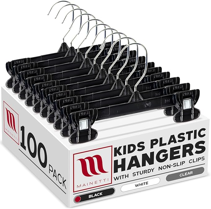 Mainetti 6008 Black Plastic Children's Hangers - 100 Pack with Rotating Metal Hook and Sturdy Plastic, Great for Pants/Skirts/Slacks/Bottoms, 8-Inch, (B07VHJRVYH)