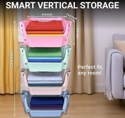 TidyFriend 4 Pack Stackable Storage Bins Open Front for Pantry Organizers and Storage, Plastic Storage Bins, Dorm Room Essentials, Pantry Storage for Snacks, Toiletries, and Small Essentials (Multi)