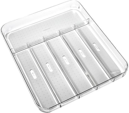 madesmart Premium Clear Silverware Tray, 6 Compartment Flatware Organizer for Forks, Knives & Spoons, Soft Grip Lining & Non Slip Base, Grey