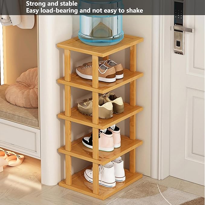 Vertical Shoe Rack - Wooden Space Saving Corner Shoe Shelf, 5 Tiers, No-Tool Need for Entryway, Closet
