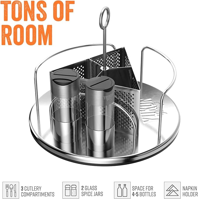 Yukon Glory Stainless Steel Rotating Condiment Caddy, Lazy Susan Utensil Caddy with Napkin Holder, BBQ Grill Caddy for Outdoor Patio Table & Picnic