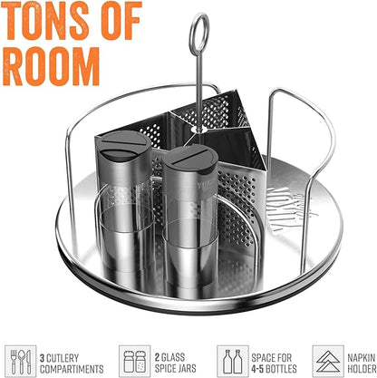 Yukon Glory Stainless Steel Rotating Condiment Caddy, Lazy Susan Utensil Caddy with Napkin Holder, BBQ Grill Caddy for Outdoor Patio Table & Picnic