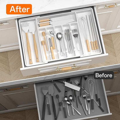 RoomHacks Large Silverware Organizer,Expandable Utensil Drawer Organizer,BPA Free Utensil Holder,Adjustable Silverware Tray Cutlery Drawer Organizer for Kitchen Flatware,Large,White (6-8 Slots)