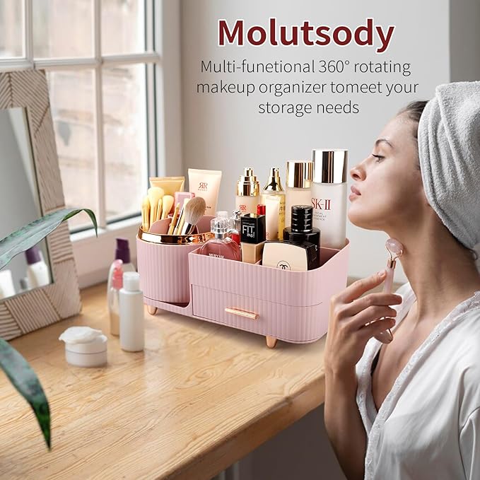 Molutsody Makeup Organizer for Vanity, Cosmetic Display Case with Drawers, Fits Makeup, Skincare Products, Brushes, Lipsticks, and Other Accessories, Versatile Storage Solution (Pink)