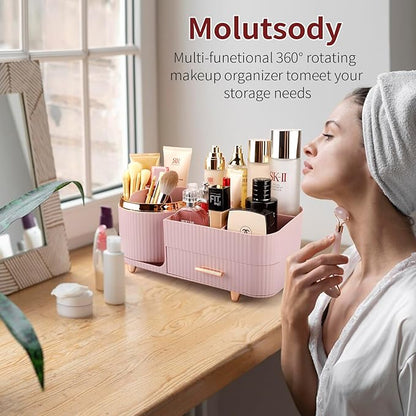 Molutsody Makeup Organizer for Vanity, Cosmetic Display Case with Drawers, Fits Makeup, Skincare Products, Brushes, Lipsticks, and Other Accessories, Versatile Storage Solution (Pink)