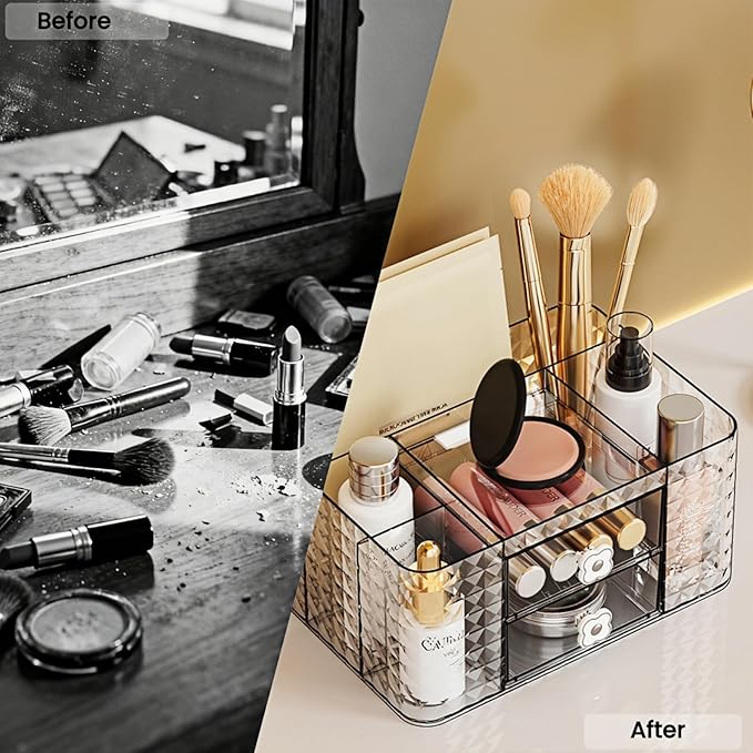 Makeup Organizer with Drawers and Clear Storage - Vanity Counter Organizer and Bathroom Countertop for Makeup Brush, Lipsticks, Nail Polishes, Perfumes, Eyeshadow Palettesand Cosmetics