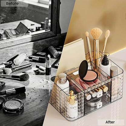 Makeup Organizer with Drawers and Clear Storage - Vanity Counter Organizer and Bathroom Countertop for Makeup Brush, Lipsticks, Nail Polishes, Perfumes, Eyeshadow Palettesand Cosmetics