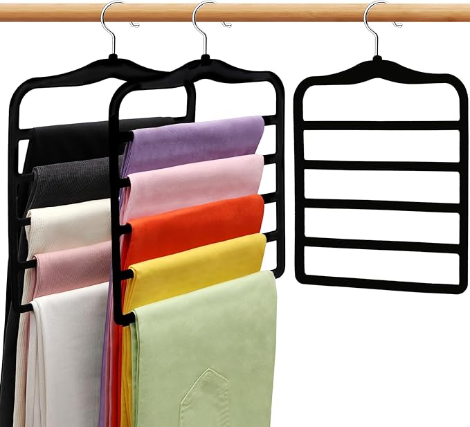 Closet Organizers and Storage, 3 Pack Pants-Hangers-Space-Saving, Velvet Non Silp 5 Tier Scarf Jeans Closet Organizer,Dorm Room Essentials for College Students Girls Boys Guys,Organization and Storage