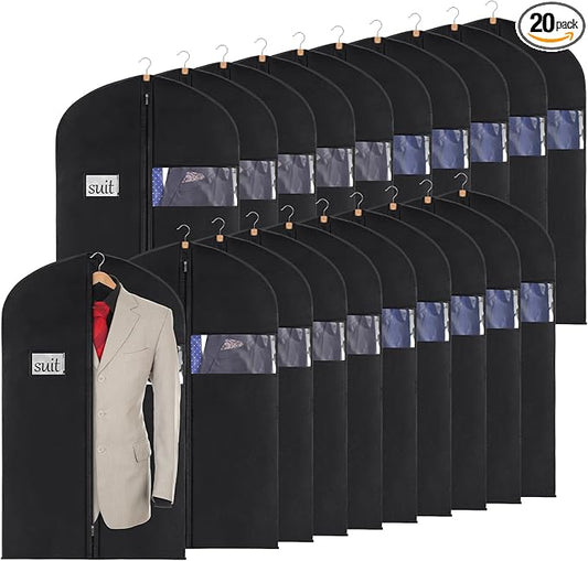 KEEGH 40" Suit Cover Bags for Men (Set of 20) Garment Bags for Hanging Clothes, Suit Bags for Closet Storage or Travel, Clothes Cover for Suits Coats with Clear Window and Label Pocket, Black