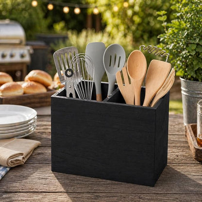 Wooden Kitchen Utensil Caddy With 2 Compartments, Rustic Utensil Holder for Kitchen Countertop, Wood Utensil Crock Organizer Box for Farmhouse Kitchen Decor (black)