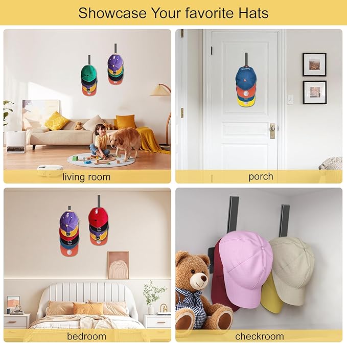 Hat Rack for Baseball Cap, (4 Pack) Adhesive Ball Caps Holder on Wall, No Drilling Hat Organizer Wall Storage Wall Mount, Hat Hanger Display, Black