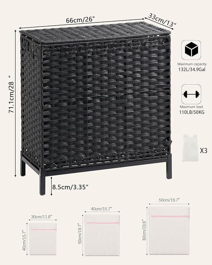SETVSON Laundry Hamper with Lid 132 L, (35 Gallons) Clothes Hamper with Lid, Handwoven Rattan Laundry Hamper with Metal Heightened Feet, Laundry Hampers with 3 Removable Liner Bags for Laundry-Black