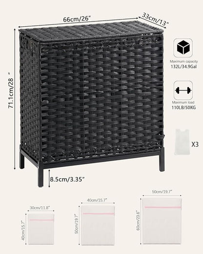 SETVSON Laundry Hamper with Lid 132 L, (35 Gallons) Clothes Hamper with Lid, Handwoven Rattan Laundry Hamper with Metal Heightened Feet, Laundry Hampers with 3 Removable Liner Bags for Laundry-Black