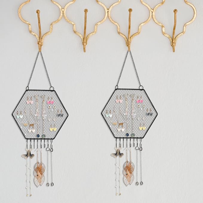 Jetec 2 Pcs Earring Wall Holder Wall Mounted Earring Organizer Hanging Jewelry Stand Decorative Diamond Grid Shape Display Rack with Hooks for Earrings Necklace Bracelet(Black)