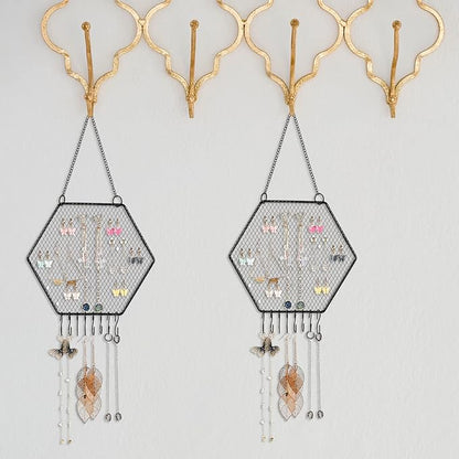 Jetec 2 Pcs Earring Wall Holder Wall Mounted Earring Organizer Hanging Jewelry Stand Decorative Diamond Grid Shape Display Rack with Hooks for Earrings Necklace Bracelet(Black)