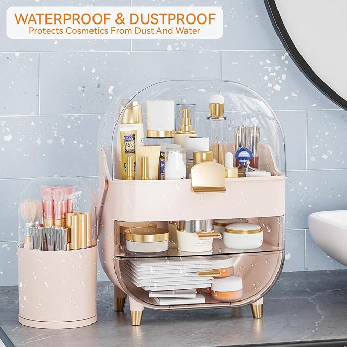 Yieach Countertop Makeup Organizer for Vanity,Large Capacity Skincare Organizers With Drawers and Makeup Brush Holder,Cosmetic Display Cases with Clear Cover for Bathroom,Dresser,Beauty Product,Pink