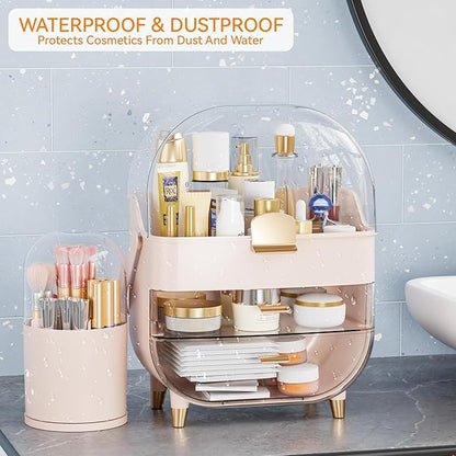 Yieach Countertop Makeup Organizer for Vanity,Large Capacity Skincare Organizers With Drawers and Makeup Brush Holder,Cosmetic Display Cases with Clear Cover for Bathroom,Dresser,Beauty Product,Pink
