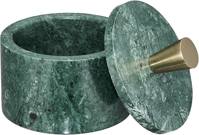 Queenza Green Marble Salt Cellar with Lid & Brass Knob - Natural Marble Spice Container for Kitchen Countertop, Gourmet Salt Holder, Small Decorative Storage Box, Gift for Home Chef