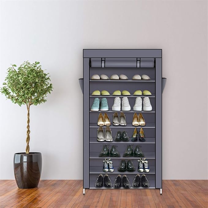 Vasitelan 10-Tier Shoe Rack, Shoe Storage Cabinet with Dustproof Cover, Free-Standing Shoe Storage Organizer for Closet, Entryway, Hold 35-45 Pairs of Shoes, for Sneakers, High Heels (Gray)