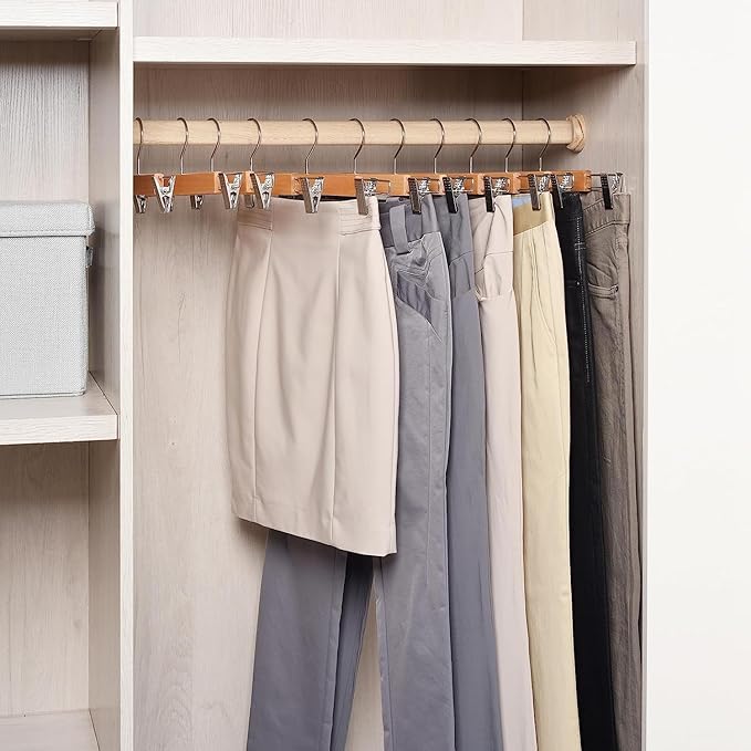 Wood Pants Skirts Hangers Wooden Trousers Bottom Hanger with 2-Adjustable Clips, Clip Hangers for Slacks, Jeans, Shorts, Space-Saving Design, Closet Essentials (Beige, 20)