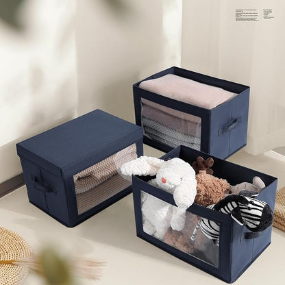 Homsorout Foldable Storage Boxes with Lids - Decorative Storage Boxes with Clear Window, Fabric Storage Baskets for Organizing, Closet Storage for Clothes, Yarn, Home, Navy Blue, 4-Pack