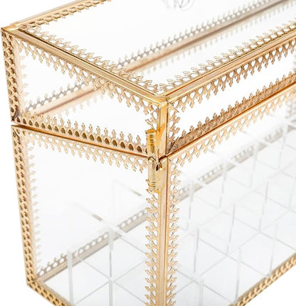 HighFree 24 Slots Glass Lipstick Organizer - Gold Vintage Transparent Display Box With Lid & Removable Dividers for Lip Gloss