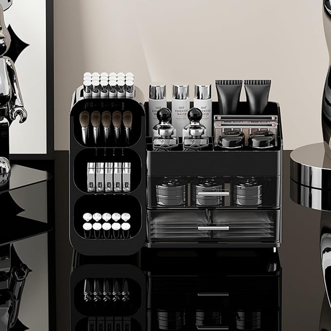 Makeup Organizer with Drawers,Large Capacity Countertop Organizer for Vanity,Bathroom and Bedroom Desk Cosmetics Organizer,Easy To Storage Skincare,Brushes,Lotions,Lipstick (Black)