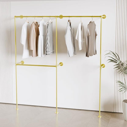 Gold Industrial Pipe Clothing Rack 75" W Wall Mounted, Heavy Duty Iron Garment Rack 150 lbs per Rod, Open Closet Organizer for Bedroom Laundry Room Retail Display