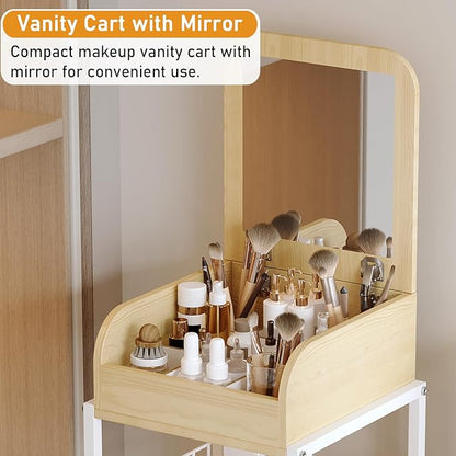 Makeup Organizer Cart with Vanity Mirror, Floor Skincare Organizers Make Up Organizers-Vanity Organizer Cosmetic Display Cases Holder for Skin Care Perfume Nail Polish Brush Hair Tool (White)
