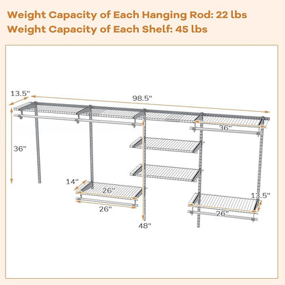 Giantex Closet Organizer System, Wall-mounted Custom Closet Kit w/Adjustable Storage Shelves, Wardrobe Clothes Rack w/Hanging Rods, Perfect for Coats, Pillows, Blanket (Gray, 98.5"x13.5"x48)