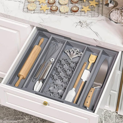 Large Kitchen Utensil Drawer Organizer - Expandable 5 Slots Cooking Utensil Organizer Multipurpose Silverware Organizer for Storage Repair Tools, Painting Tools W13.7"-19.9" x L17.6" X H2.5" (Grey)