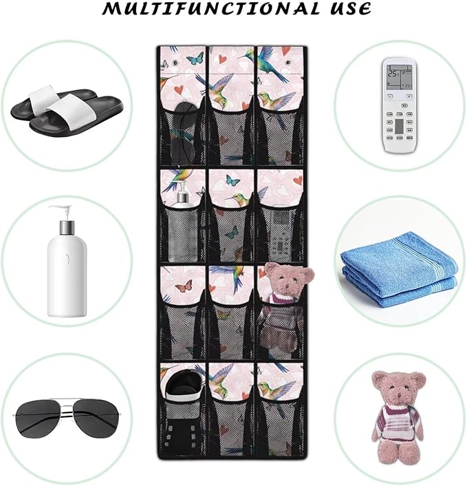 Hummingbird 12 Pockets Over the Door Shoe Organizer,Hanging Shoe Organizer for Door with 12 Mesh Pockets, Large Capacity Shoe Hanging Storage Bag,Headphone Storage Classroom