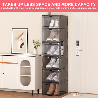 Shoe Box,Set of 6,Stackable Plastic Clear Shoe Box Organizer with Magnetic Door,Shoe Storage Box Thicken Sturdy,Easy Assembly,Fit up to US Size(Front opening door, Black)
