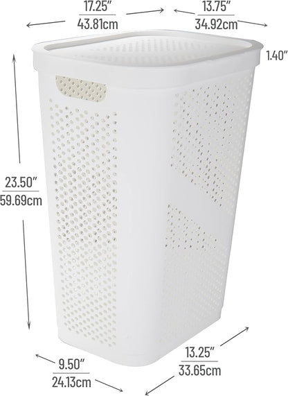 Mind Reader Slim Laundry Hamper with Lid, 60L Clothes Basket, Ventilated Plastic, White