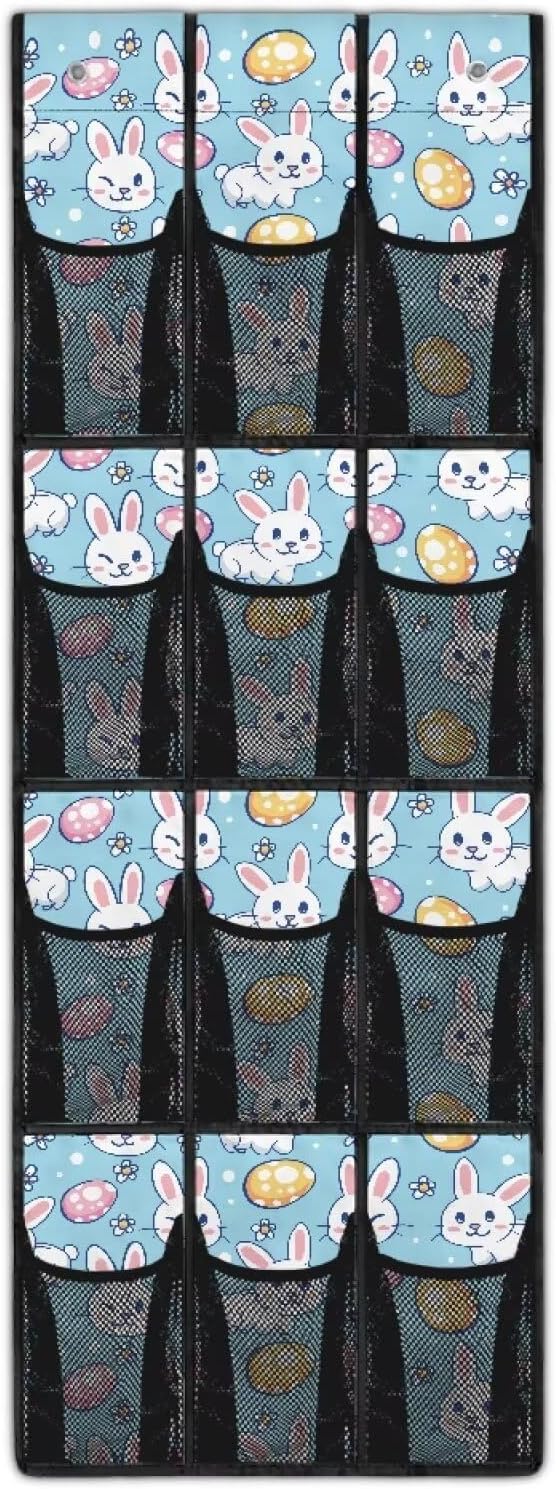 12-Pocket Over The Door Hanging Organizer, Lightweight Oxford Cloth Waterproof Foldable and Perfect for Bathroom Bedroom or Closet Storage Solutions, Easter Rabbit Eggs Pattern