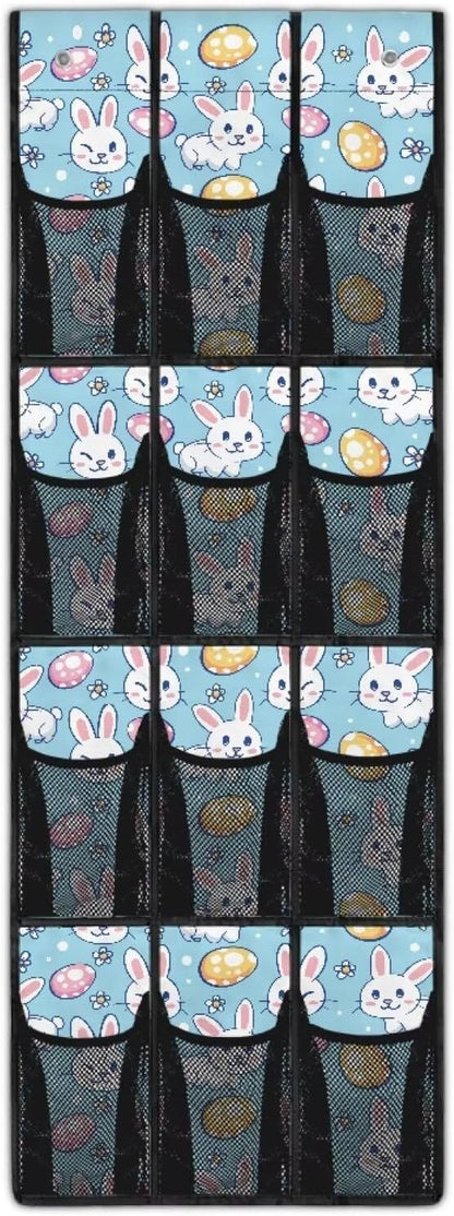 12-Pocket Over The Door Hanging Organizer, Lightweight Oxford Cloth Waterproof Foldable and Perfect for Bathroom Bedroom or Closet Storage Solutions, Easter Rabbit Eggs Pattern