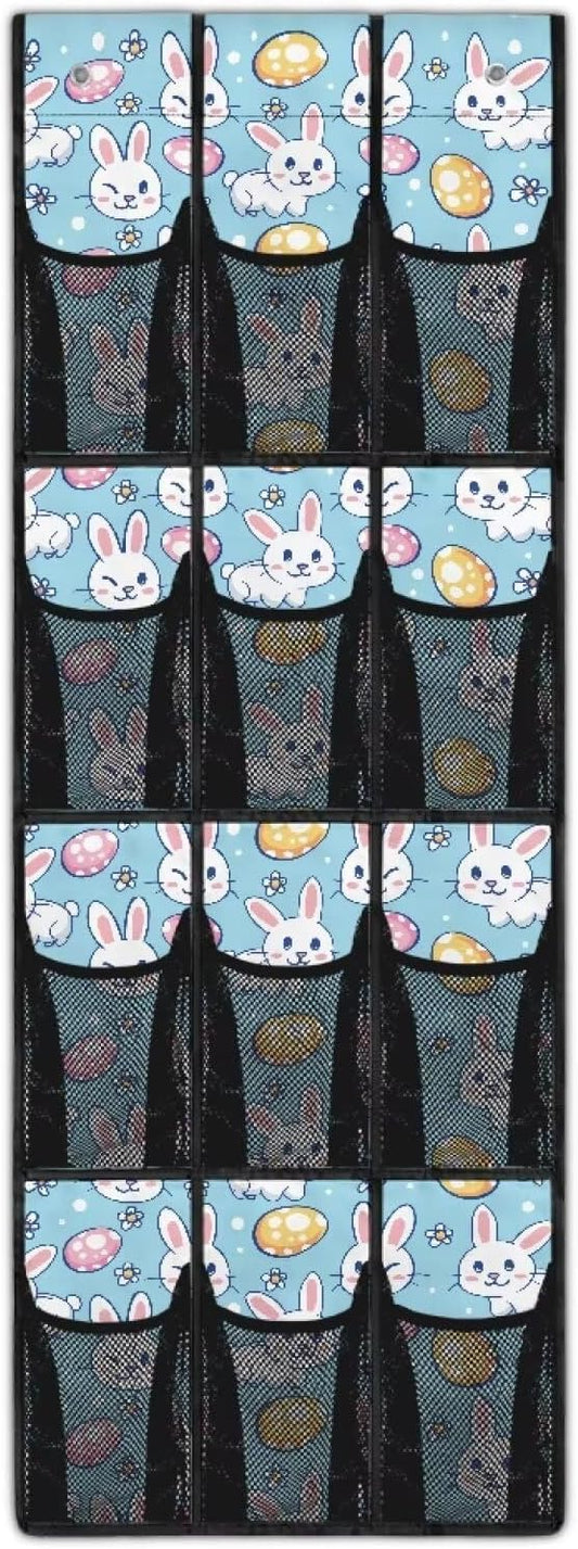 12-Pocket Over The Door Hanging Organizer, Lightweight Oxford Cloth Waterproof Foldable and Perfect for Bathroom Bedroom or Closet Storage Solutions, Easter Rabbit Eggs Pattern
