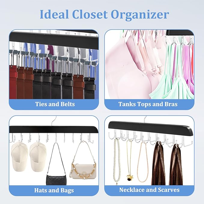 4 Pack Tie Rack & Belt Hanger, 2 in 1 Ties Hanger for Closet, Ties Organizer for Men, Space Saving Necktie Organizer with 20 Hooks, Sturdy Wood Belt & Tie Collection for Closet (Black)