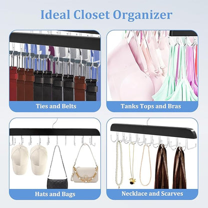 4 Pack Tie Rack & Belt Hanger, 2 in 1 Ties Hanger for Closet, Ties Organizer for Men, Space Saving Necktie Organizer with 20 Hooks, Sturdy Wood Belt & Tie Collection for Closet (Black)