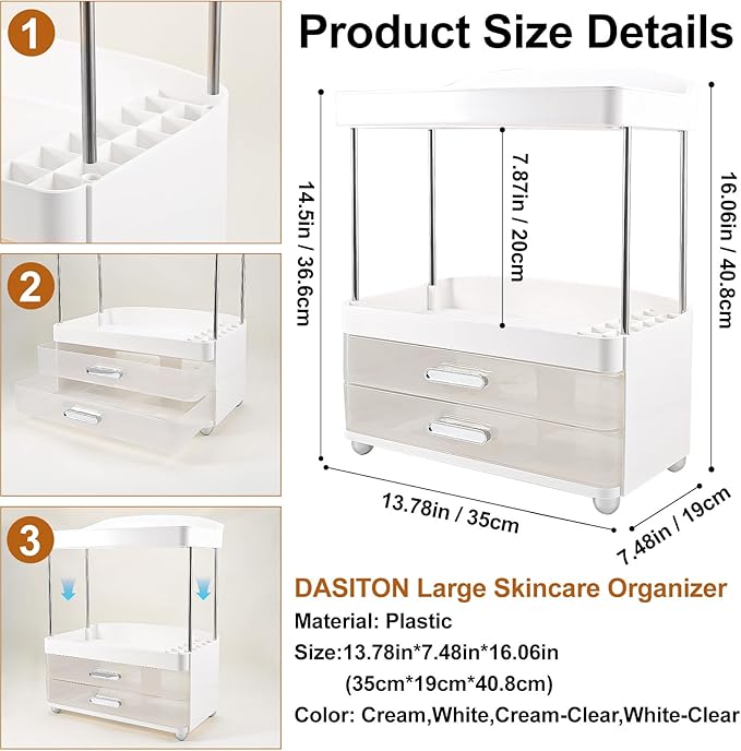 DASITON 4 Tiers Makeup Organizer, 2 Drawers Large Cosmetic Organizers for Vanity Bathroom Countertop, Bathroom Organizers and Storage for Skincare, Cosmetic, Perfume, Dresser Organizer (White+Clear)