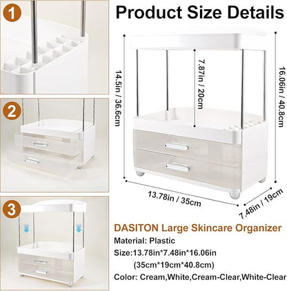 DASITON 4 Tiers Makeup Organizer, 2 Drawers Large Cosmetic Organizers for Vanity Bathroom Countertop, Bathroom Organizers and Storage for Skincare, Cosmetic, Perfume, Dresser Organizer (White+Clear)