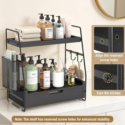 2-Tier Bathroom Counter Organizer with Drawer & Removable Basket, Wood & Metal Vanity Organizer for Skincare, Makeup, Perfume, Toiletries, Small Bathroom Counter Shelf, 13'' Black