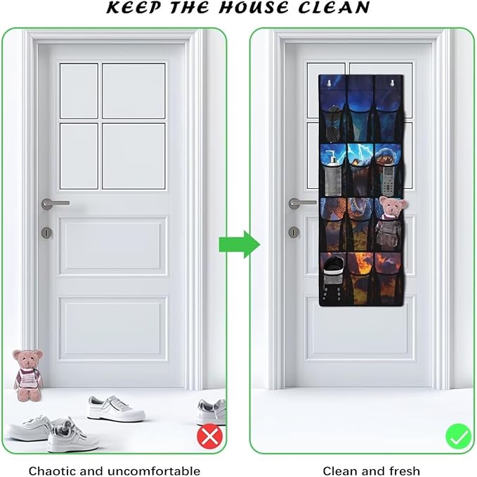 Cool Dinosaur Over The Door Organizer with 12 Large Mesh Pockets, Heavy Duty Oxford Fabric Shoe Rack for Closet, Space Saving Storage for Kids Room Toys & Shoes