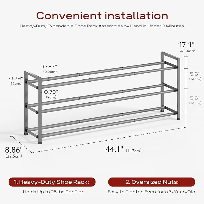 Bumusty 3-Tier Long Expandable Shoe Rack for Closet, 18"-44" Adjustable Shoe Rack for Entryway, 15-18 Pairs Large Shoe Organizer Shelf Storage, Sturdy Metal, Light Grey