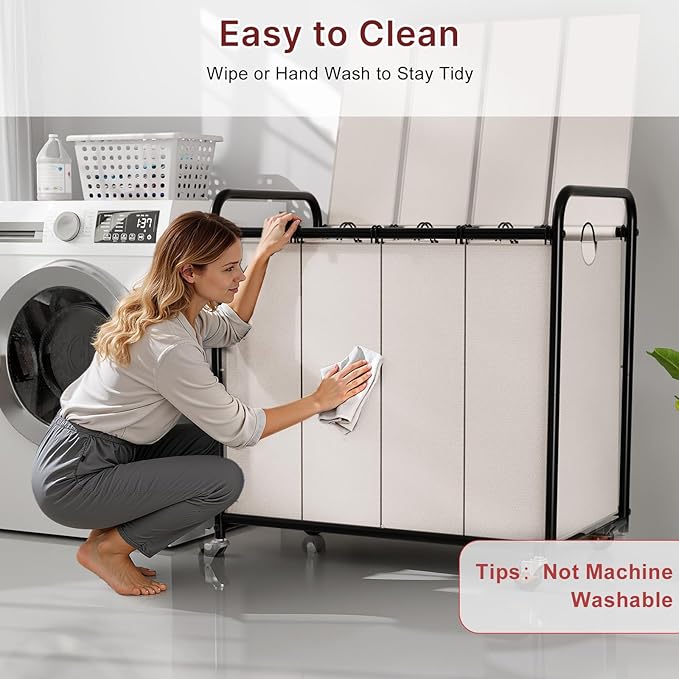 180L Laundry Sorter 4 Section – Heavy Duty Rolling Laundry Basket with Lockable Wheels and Lid, 4 Large Separate Removable Bags, Laundry Hamper Cart for Laundry Room Organizer (White)