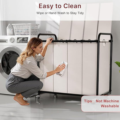 180L Laundry Sorter 4 Section – Heavy Duty Rolling Laundry Basket with Lockable Wheels and Lid, 4 Large Separate Removable Bags, Laundry Hamper Cart for Laundry Room Organizer (White)
