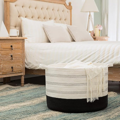 R RUNKA XXXLarge Cotton Rope Basket 22" X 22"X 14" Blanket Basket for Living Room Woven Basket Soft Baby Laundry Blanket Basket Nursery Bin Toy Basket with Handle White+Black